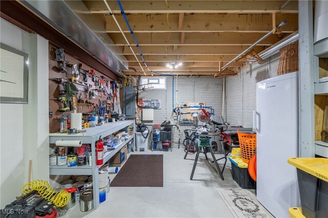 12187 Bexley Dr, Grafton, OH 44044 - basement featuring a workshop area and freestanding refrigerator