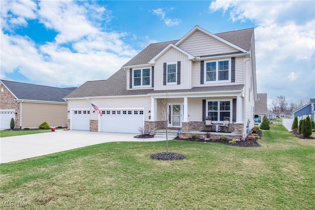 12187 Bexley Dr, Grafton, OH 44044 - craftsman-style home featuring driveway, a porch, an attached garage, board and batten siding, and a front lawn