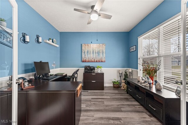 12187 Bexley Dr, Grafton, OH 44044 - office with a ceiling fan, wood finished floors, and wainscoting