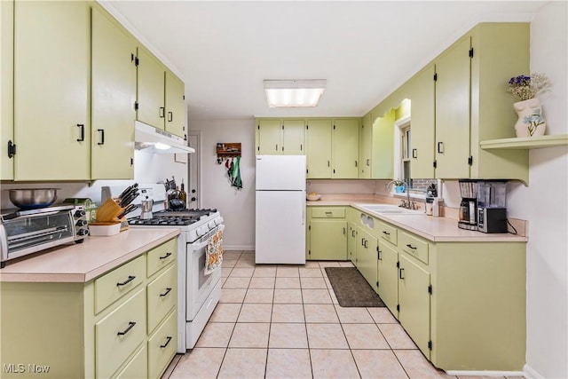 2026 34th St NW, Canton, OH 44709 - kitchen with white appliances, under cabinet range hood, light tile patterned floors, light countertops, and open shelves