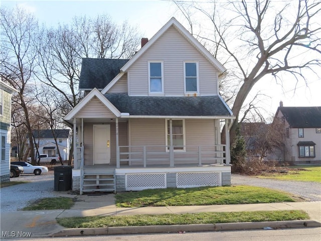 274 Wheeler St, Akron, OH 44304 - view of front of property featuring a shingled roof, covered porch, and a chimney