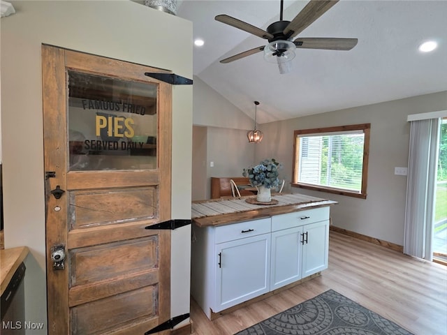 12779 State Route 700, Hiram, OH 44234 - kitchen with white cabinetry, light wood finished floors, ceiling fan, lofted ceiling, and recessed lighting