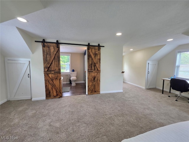 12779 State Route 700, Hiram, OH 44234 - bedroom featuring a barn door, carpet floors, recessed lighting, a textured ceiling, and vaulted ceiling