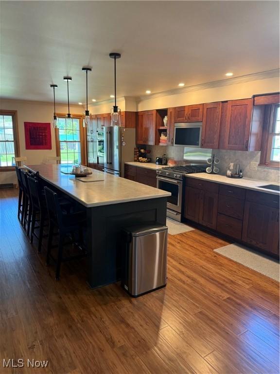 203 Park Ave, Middlebourne, WV 26149 - kitchen with stainless steel appliances, light countertops, wood finished floors, plenty of natural light, and recessed lighting