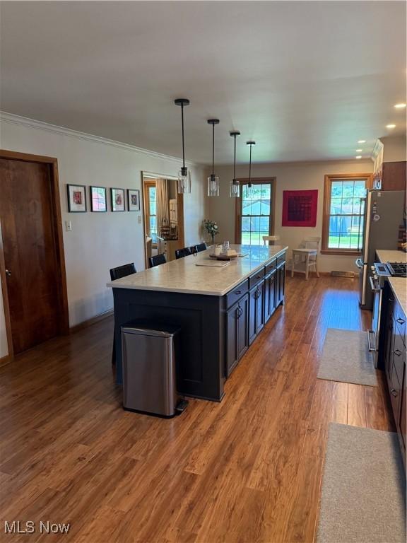 203 Park Ave, Middlebourne, WV 26149 - kitchen with appliances with stainless steel finishes, wood finished floors, a kitchen island, hanging light fixtures, and ornamental molding