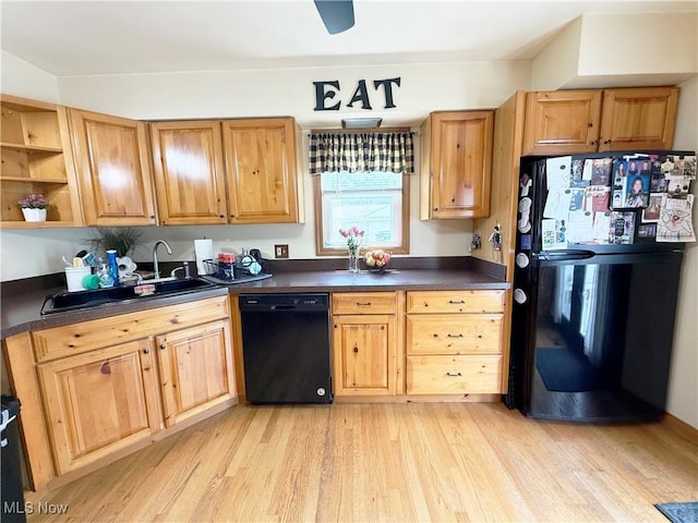 3522 Oakdale Ave, Lorain, OH 44055 - kitchen featuring black appliances, dark countertops, light wood-style flooring, and open shelves
