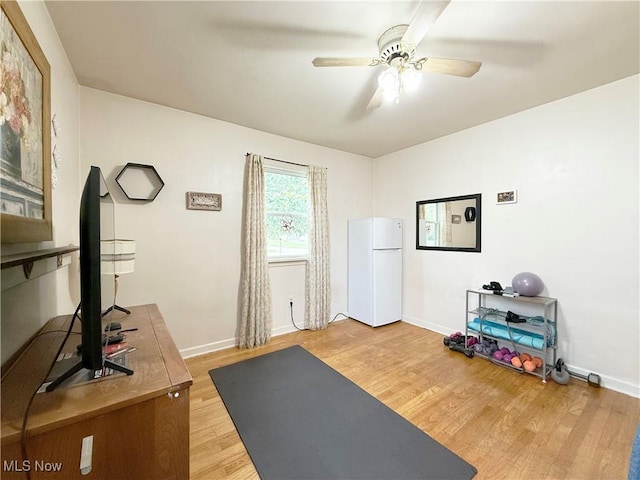 3522 Oakdale Ave, Lorain, OH 44055 - workout room with light wood-style flooring and ceiling fan