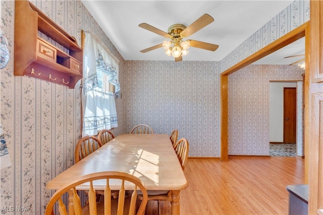 93 Olalla Ave, Tallmadge, OH 44278 - dining space featuring light wood finished floors, ceiling fan, and wallpapered walls