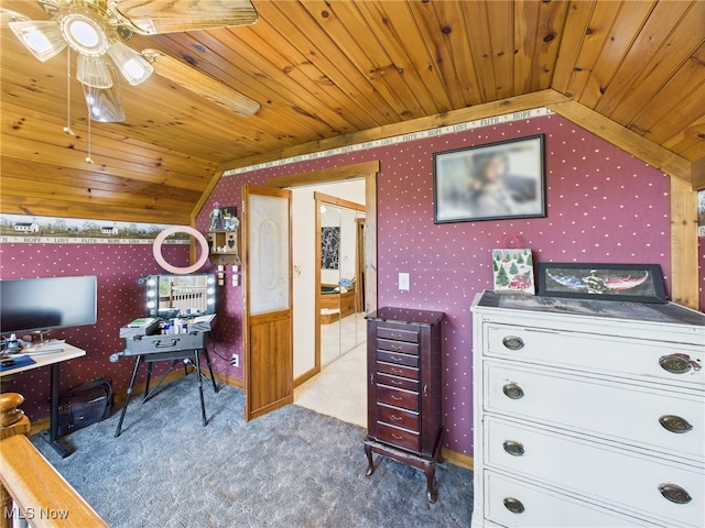9246 State Route 555, Cutler, OH 45724 - carpeted office featuring wooden ceiling, vaulted ceiling, wallpapered walls, and ceiling fan