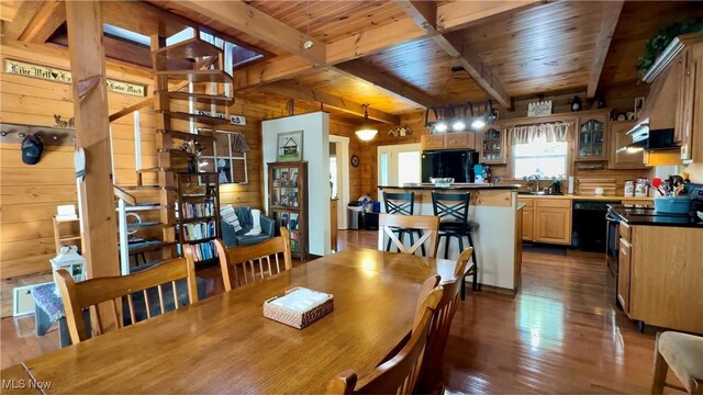 9246 State Route 555, Cutler, OH 45724 - dining area with wooden walls, a wood ceiling with exposed beams, and dark wood-style floors