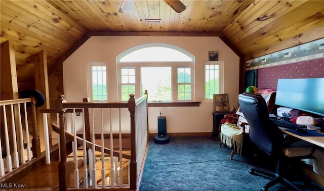 9246 State Route 555, Cutler, OH 45724 - office space with vaulted ceiling, wooden ceiling, carpet floors, and ceiling fan