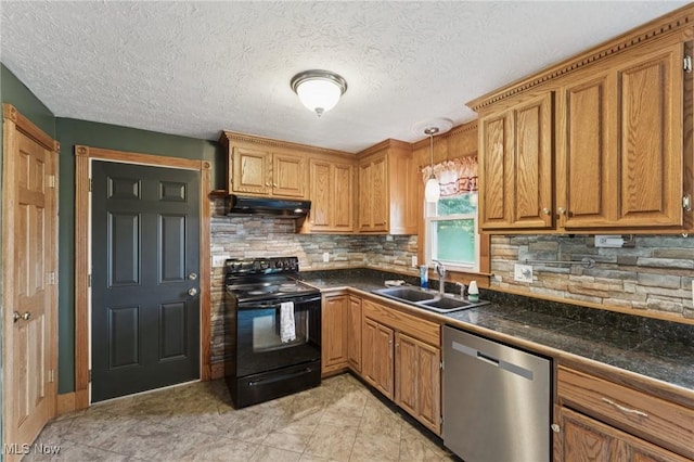 3594 Heckman St NW, Uniontown, OH 44685 - kitchen with dishwasher, electric range, under cabinet range hood, dark countertops, and decorative backsplash