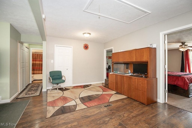 35109 Elm Rd, Grafton, OH 44044 - living area with attic access, wood finished floors, and ceiling fan