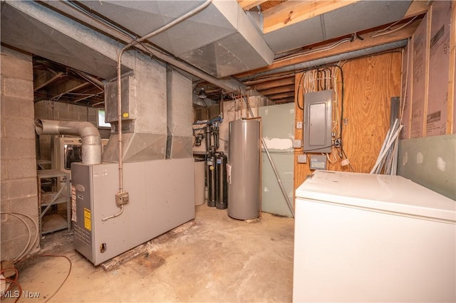 3355 Waterford Rd, New Waterford, OH 44445 - unfinished basement with refrigerator, electric panel, water heater, heating unit, and a water softener