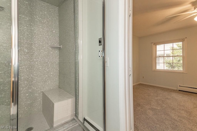 3 Meadowlawn Dr Unit 13, Mentor, OH 44060 - full bathroom with ceiling fan, a shower stall, and a baseboard radiator