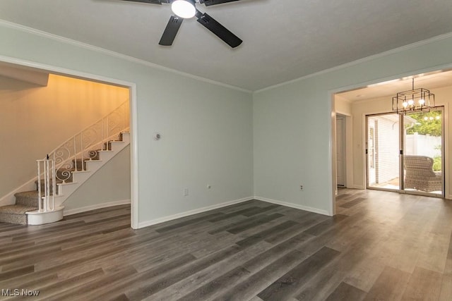 3 Meadowlawn Dr Unit 13, Mentor, OH 44060 - unfurnished living room with a ceiling fan, stairs, dark wood-style flooring, crown molding, and a chandelier
