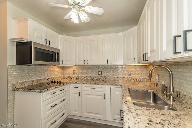 3 Meadowlawn Dr Unit 13, Mentor, OH 44060 - kitchen with stainless steel microwave, a ceiling fan, white cabinets, and light stone counters