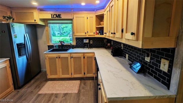 6323 Olive Ave, North Ridgeville, OH 44039 - kitchen featuring stainless steel fridge with ice dispenser, open shelves, decorative backsplash, dark wood-style floors, and recessed lighting