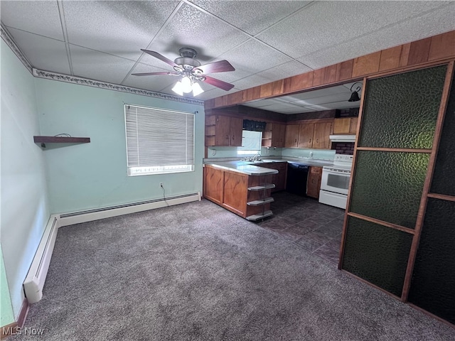 1605 Gihon Rd, Parkersburg, WV 26101 - kitchen featuring electric stove, dark carpet, a peninsula, brown cabinets, and a ceiling fan