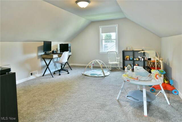 437 Hazel St, Girard, OH 44420 - carpeted office featuring vaulted ceiling and baseboards