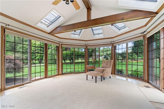 221 Winston Ave NE, North Canton, OH 44720 - unfurnished sunroom with a skylight, beam ceiling, french doors, carpet flooring, and high vaulted ceiling