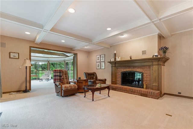 221 Winston Ave NE, North Canton, OH 44720 - living area with carpet flooring, coffered ceiling, beamed ceiling, a brick fireplace, and recessed lighting