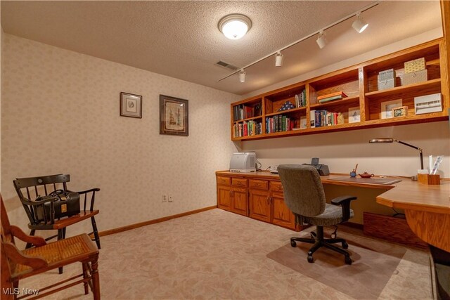 221 Winston Ave NE, North Canton, OH 44720 - office area with rail lighting, built in desk, light colored carpet, and a textured ceiling