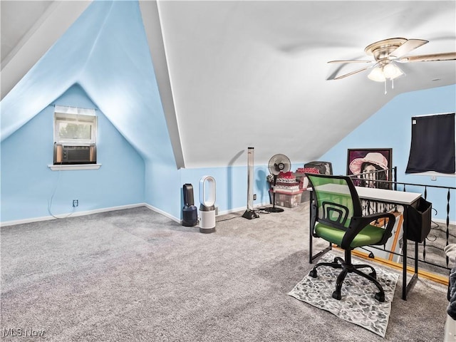 4707 Grantwood Dr, Parma, OH 44134 - office area with a ceiling fan, vaulted ceiling, cooling unit, and carpet floors