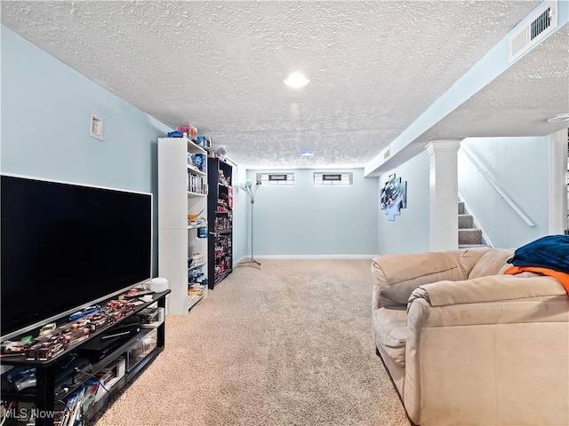 4707 Grantwood Dr, Parma, OH 44134 - living room with carpet flooring, a textured ceiling, and stairway