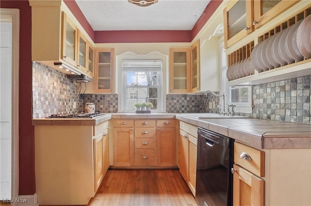 7219 N Lima Rd, Poland, OH 44514 - kitchen featuring black dishwasher, tile countertops, stainless steel gas stovetop, light wood-style floors, and a textured ceiling