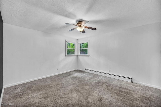 12084 Heath Rd, Chesterland, OH 44026 - empty room featuring baseboard heating, a ceiling fan, a textured ceiling, and carpet flooring