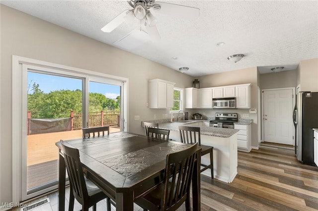 4670 King Meadow Trl, Kent, OH 44240 - dining space with a textured ceiling, plenty of natural light, wood finished floors, and a ceiling fan