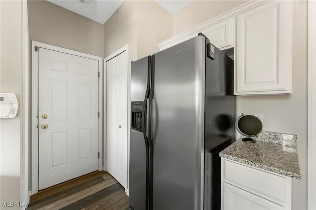 4670 King Meadow Trl, Kent, OH 44240 - kitchen with stainless steel refrigerator with ice dispenser, dark wood-type flooring, white cabinetry, and light stone countertops