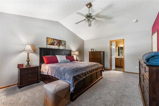 4670 King Meadow Trl, Kent, OH 44240 - bedroom with light colored carpet, lofted ceiling, ensuite bathroom, a textured ceiling, and ceiling fan