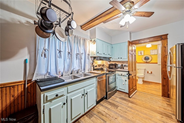 1833 W 7th St, Ashtabula, OH 44004 - kitchen with appliances with stainless steel finishes, a ceiling fan, light wood-style flooring, blue cabinetry, and wainscoting