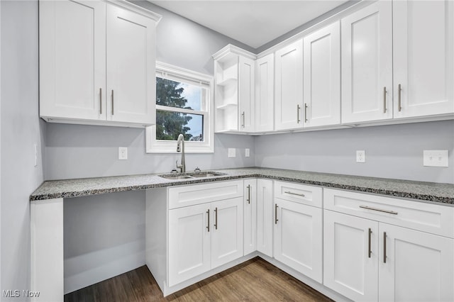 12616 Arlington Ave, Cleveland, OH 44108 - kitchen featuring white cabinetry, stone counters, dark wood-style floors, and open shelves