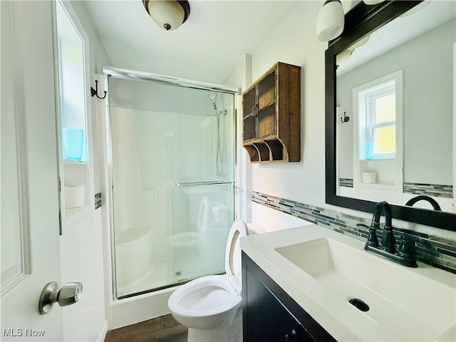 133 Walleye Ct, Lagrange, OH 44050 - full bathroom with a shower stall, decorative backsplash, vanity, and wood finished floors
