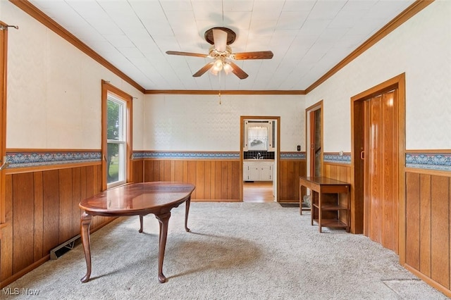 436 N Portage St, Doylestown, OH 44230 - sitting room with wood walls, ceiling fan, a wainscoted wall, crown molding, and carpet