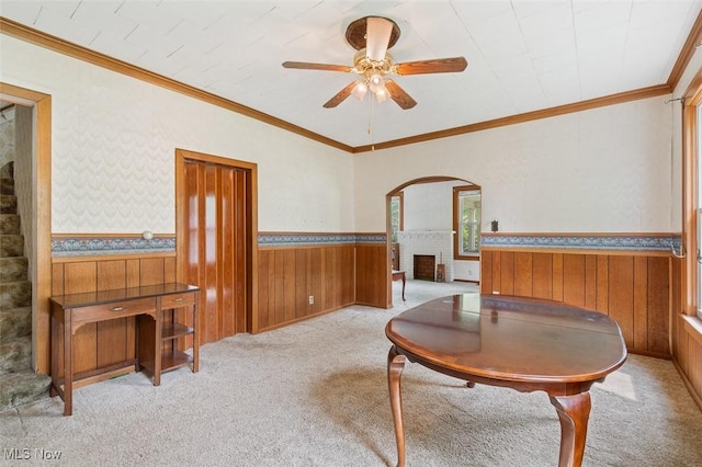 436 N Portage St, Doylestown, OH 44230 - sitting room featuring arched walkways, a ceiling fan, a wainscoted wall, carpet flooring, and a fireplace