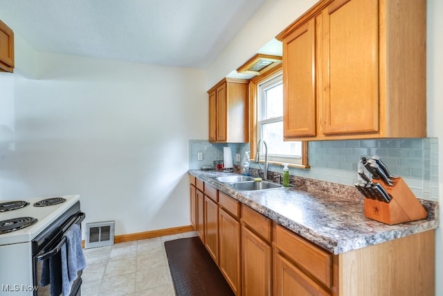 11339 Ridge Rd, North Royalton, OH 44133 - kitchen featuring tasteful backsplash, white range with electric stovetop, and brown cabinets