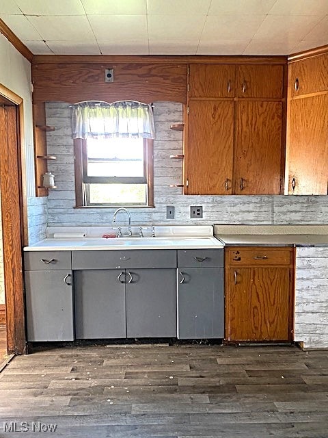 104 Jefferson St, Belmont, OH 43718 - kitchen featuring gray cabinets, dark wood-type flooring, light countertops, open shelves, and brown cabinets