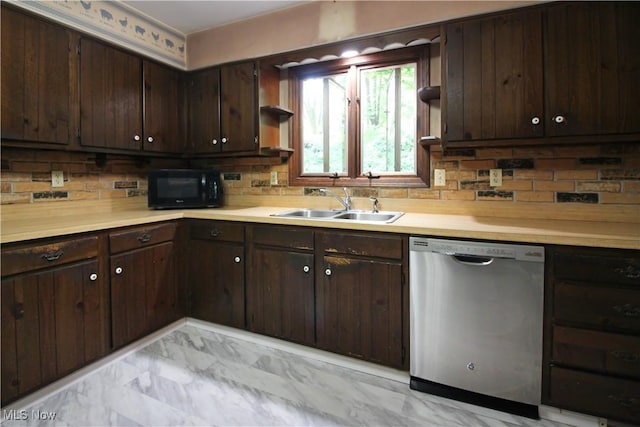 8630 Williams Rd, Chardon, OH 44024 - kitchen with dishwasher, black microwave, open shelves, dark brown cabinetry, and light countertops