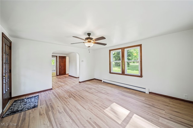 416 N Hambden St, Chardon, OH 44024 - empty room featuring a baseboard heating unit, arched walkways, ceiling fan, and light wood finished floors