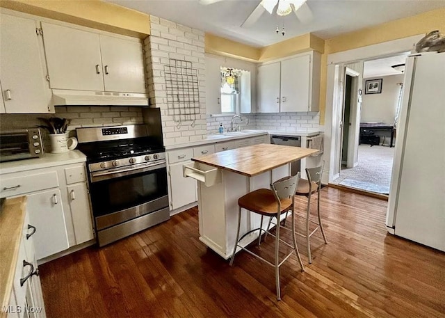 623 N 7th St, Marietta, OH 45750 - kitchen with stainless steel appliances, under cabinet range hood, a ceiling fan, and dark wood-style flooring