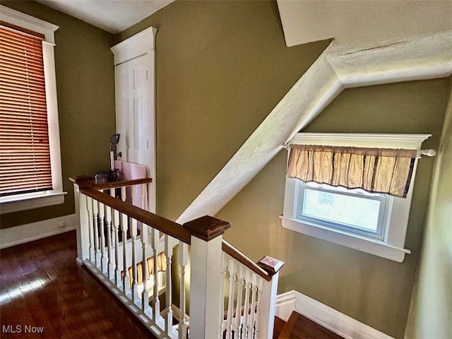 623 N 7th St, Marietta, OH 45750 - staircase with hardwood / wood-style flooring and lofted ceiling