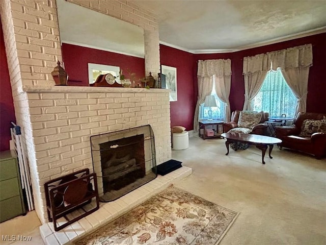 623 N 7th St, Marietta, OH 45750 - living room featuring a fireplace, carpet floors, and ornamental molding