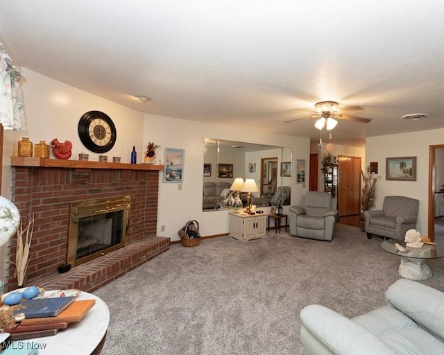 4053 Quail Ct, Ashtabula, OH 44004 - carpeted living room featuring a ceiling fan and a fireplace