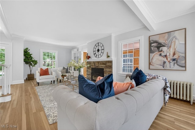 3294 Avalon Rd, Shaker Heights, OH 44120 - living room with radiator, a fireplace, light wood-style flooring, and crown molding