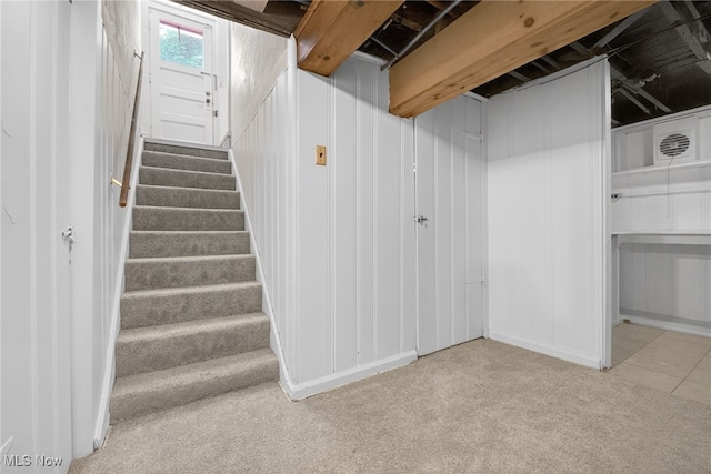 3294 Avalon Rd, Shaker Heights, OH 44120 - below grade area with carpet, stairs, and a decorative wall