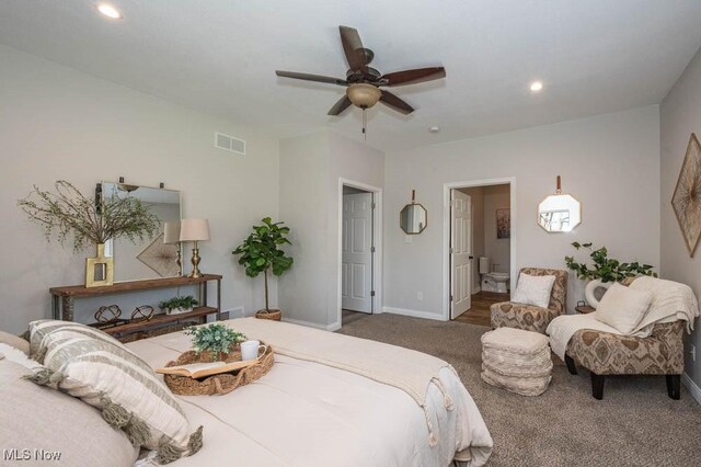 2692 Aspen Dr, Girard, OH 44420 - carpeted bedroom featuring recessed lighting, connected bathroom, and ceiling fan